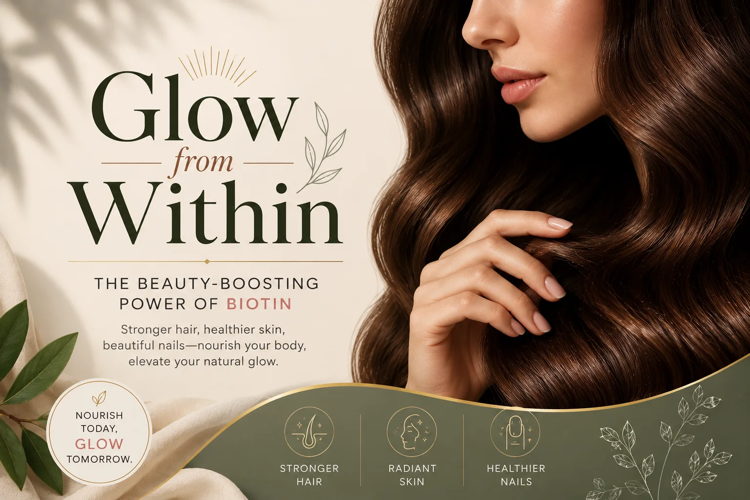 Glow from Within – Biotin Benefits for Hair, Skin & Nails Shiny healthy hair and glowing skin representing biotin benefits for hair, skin, and nails