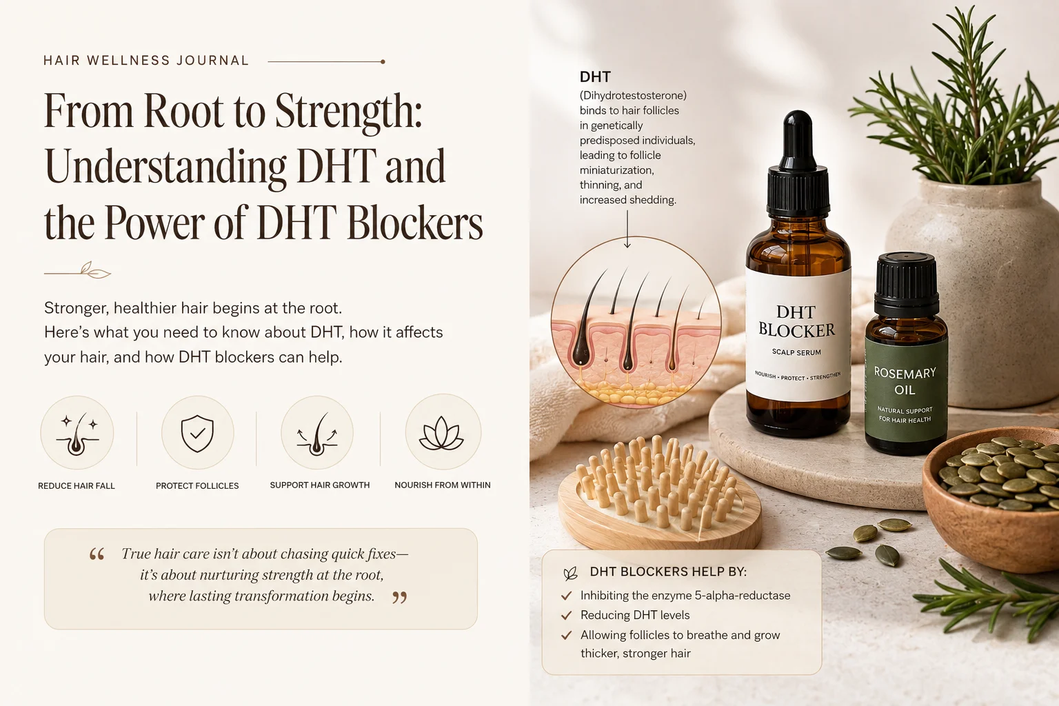 DHT Blockers for Hair Growth and Hair Loss Prevention Illustration of DHT effects on hair follicles and DHT blocker solutions for hair growth and scalp health